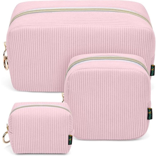 Tas cosmetica 3 in 1, piccole tasche trucco, tasche trucco a corduroy robusta, set bagno grande per donne, ragazze, valigette, set bagno portatile, tasca profumo cosmetica, organizzatore (rosa)