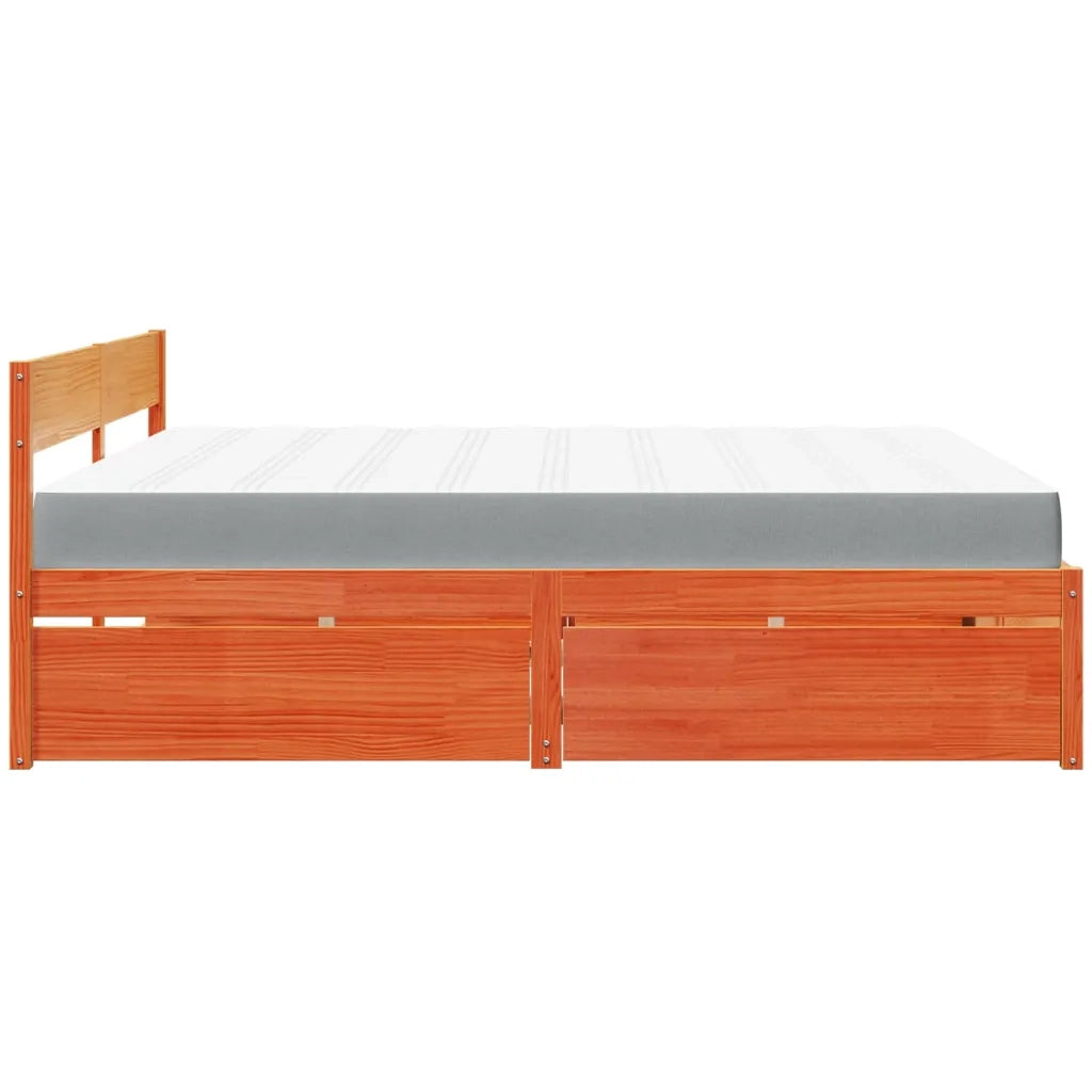 Letto Cassetti e Materasso Marrone Cera 200x200cm Massello Pino