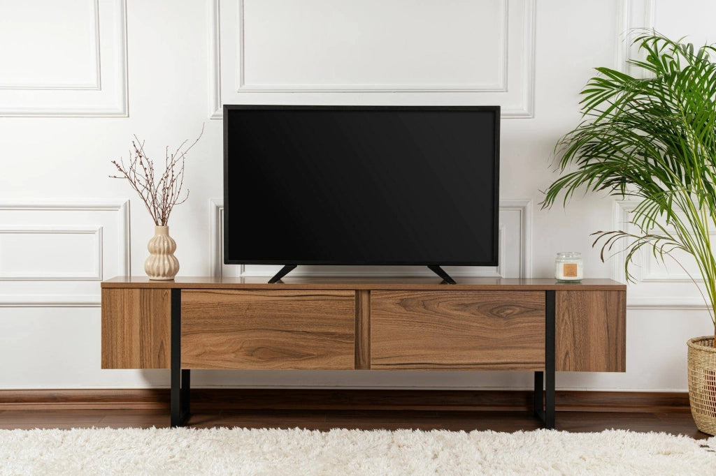 Mobile porta TV Tarquin, Credenza da soggiorno, Armadio basso per TV, Base parete attrezzata, 180x30 h50 cm, Noce e Nero