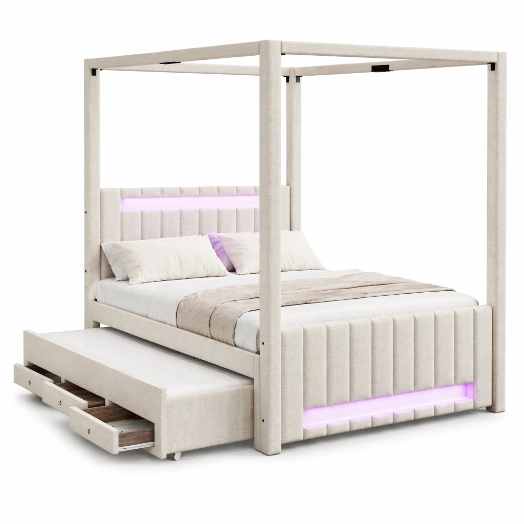 Letto a baldacchino imbottito 140x200 cm con letto estraibile, 3 cassetti, LED, beige