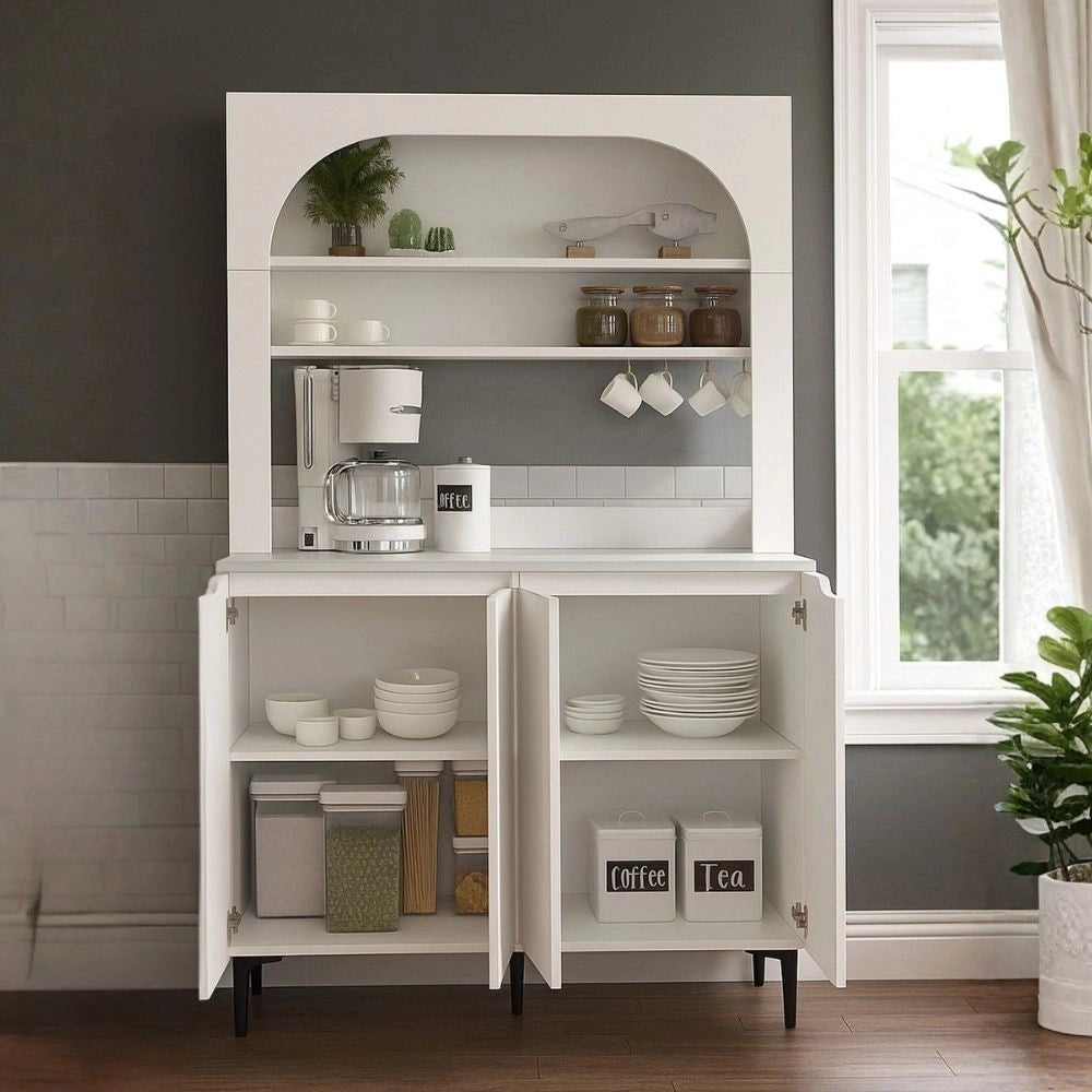 Credenza Cucina Melinta Bianca con 4 Ante, Mensole a Giorno e Angolo Caffè