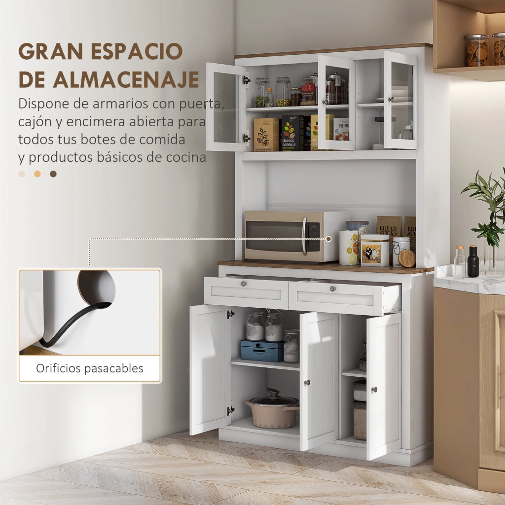 Armadio Cucina con Ante a Vetro, 2 Cassetti e Ripiani ¨C zephmum ¨C Bianco 100x40x180 cm