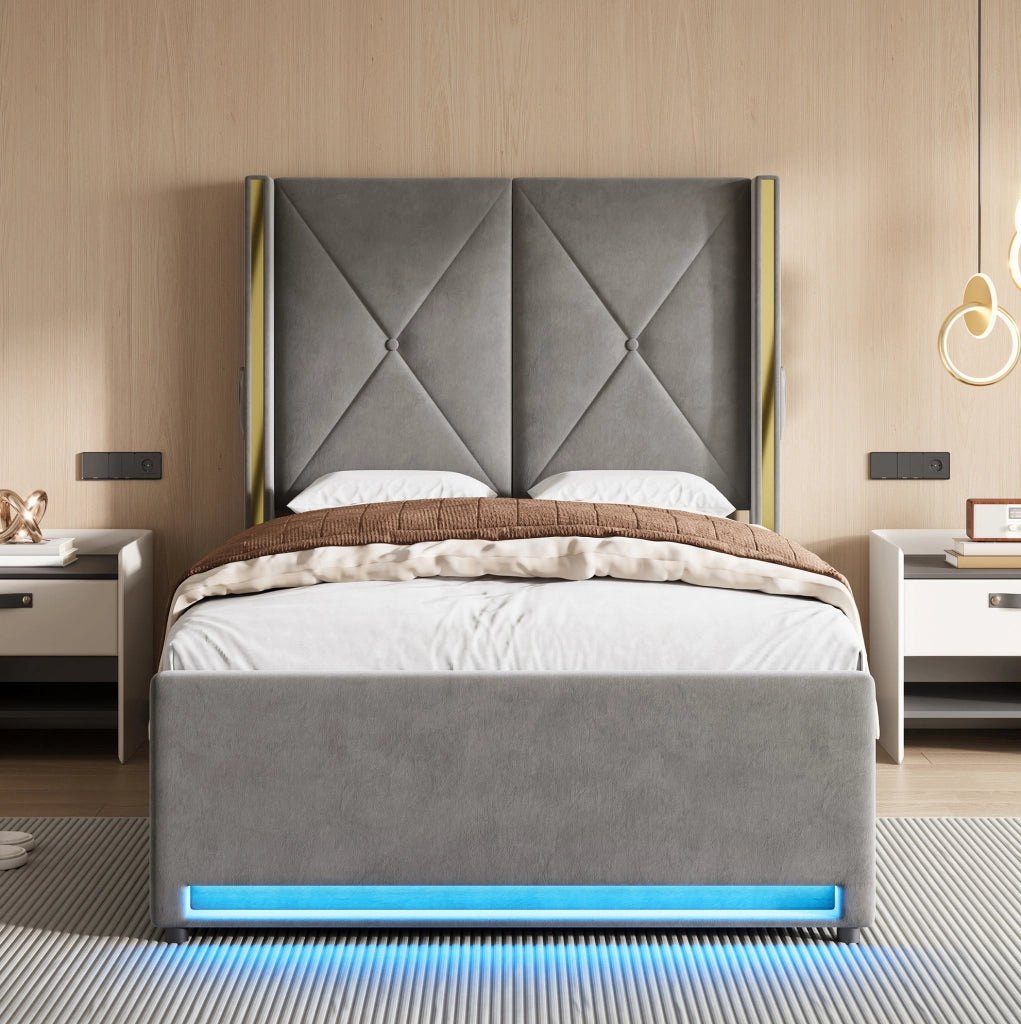 Letto singolo 90x200 in velluto grigio con LED, USB-C e contenitore