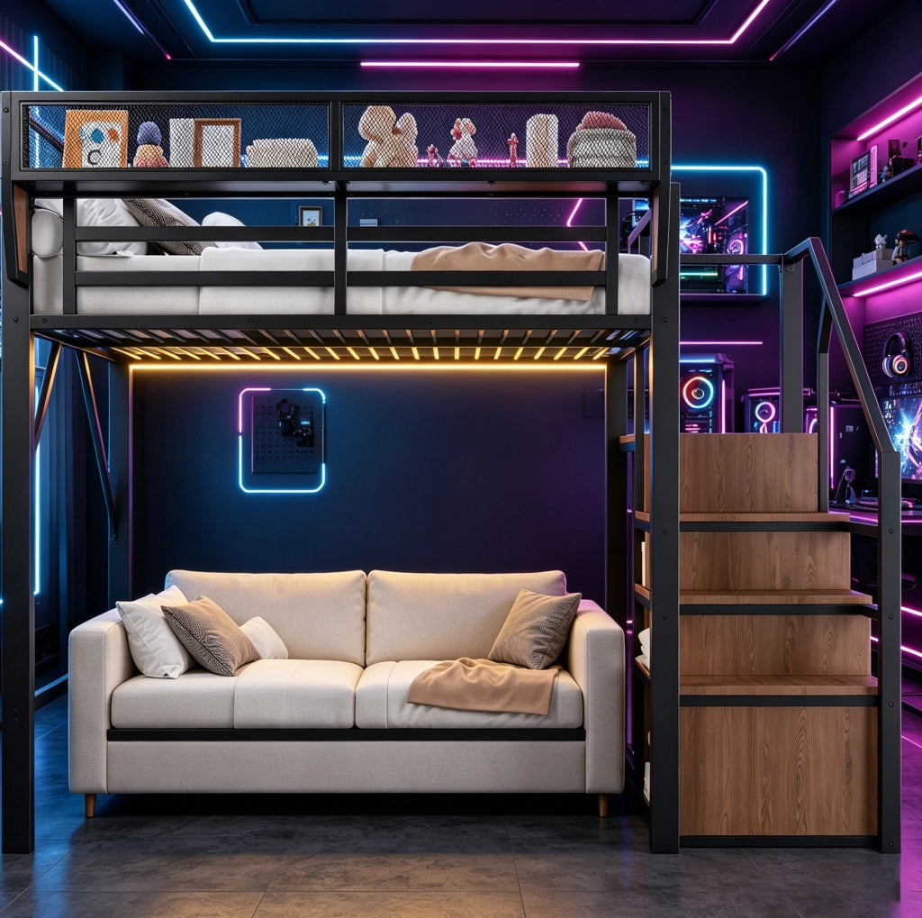 Letto a soppalco ULEVR 140x200 cm con scala di sicurezza, ripiano regolabile e striscia LED multicolore, nero