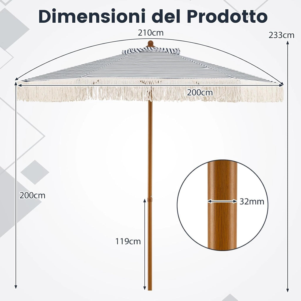 Ombrellone da Spiaggia 200 cm, 6 Stecche in Alluminio, Portatile con Decorazioni, Impermeabile Anti-UV, Antivento per Spiaggia Piscina Cortile (Bianco+Blu)
