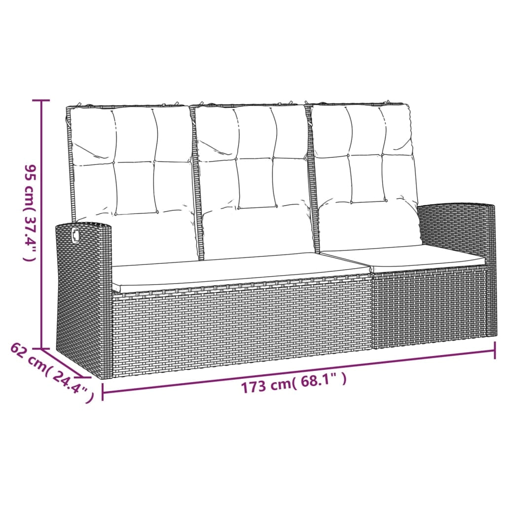 Panca da giardino mobili da esterno per patio panca reclinabile da terrazza con cuscini nera 173 x 62 x 95 cm resina intrecciata 02_0011740