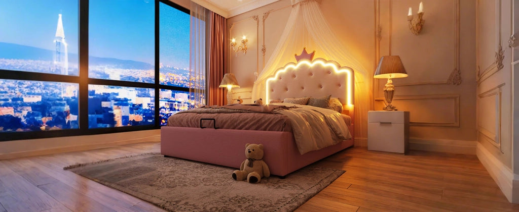 DESMIU Letto bambino 140 × 200 cm con LED, contenitore idraulico e corona, senza materasso, in PU, rosa