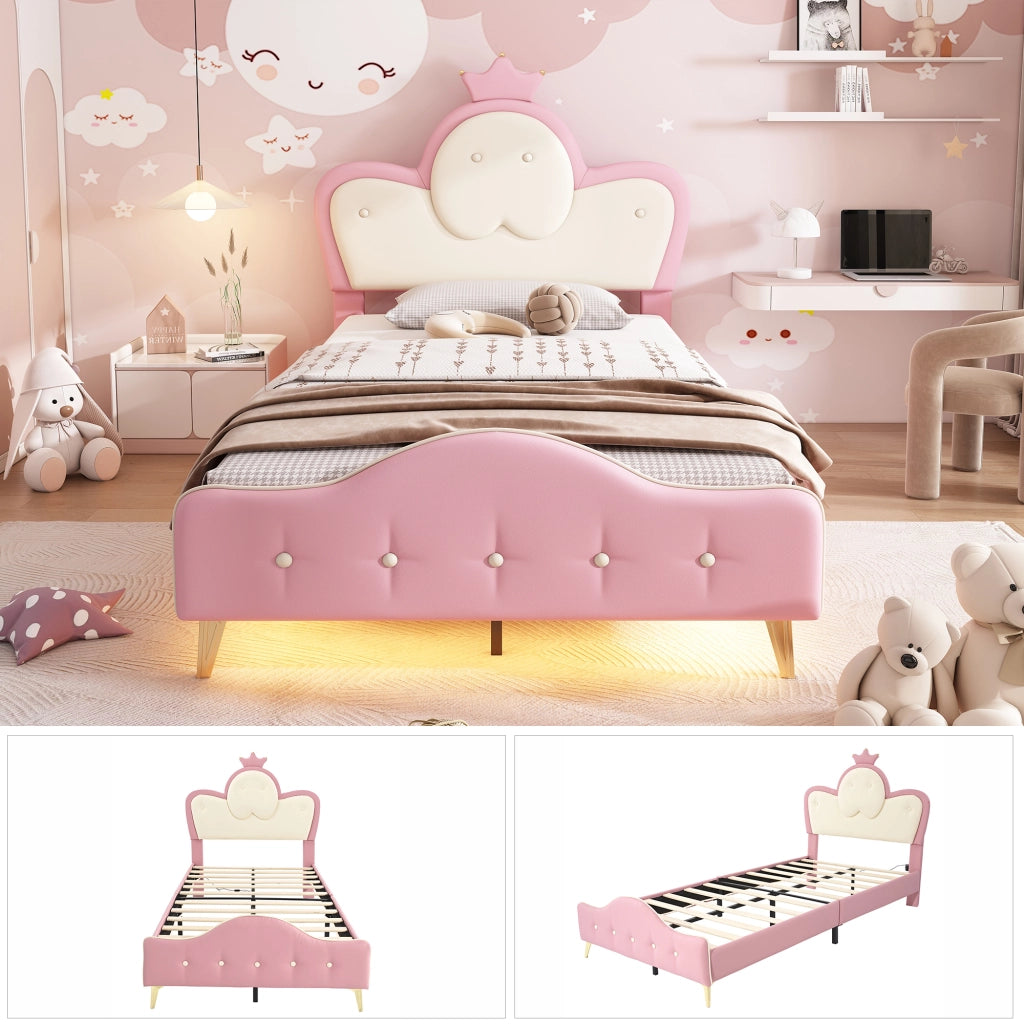 Letto per Bambini 90 x 200 cm; Letto Singolo - LED e Bordi Morbidi - PU Rosa e Bianco