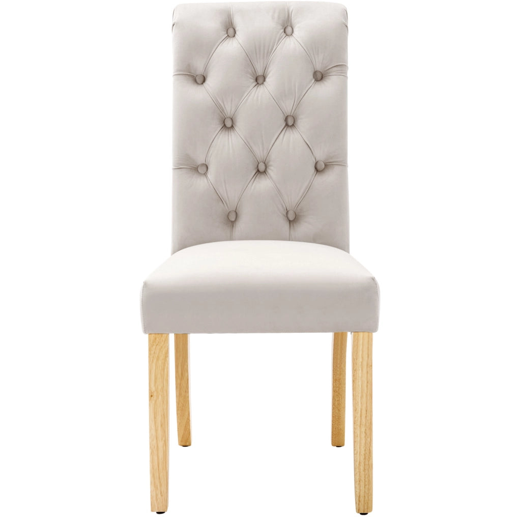 Set di 4 sedie da pranzo in velluto con gambe in legno di quercia; beige
