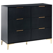 Cassettiera nero MDF 6 Cassetti Gambe in Metallo Maniglie Fronti Scanalati Design Moderno Camera da Letto Soggiorno
