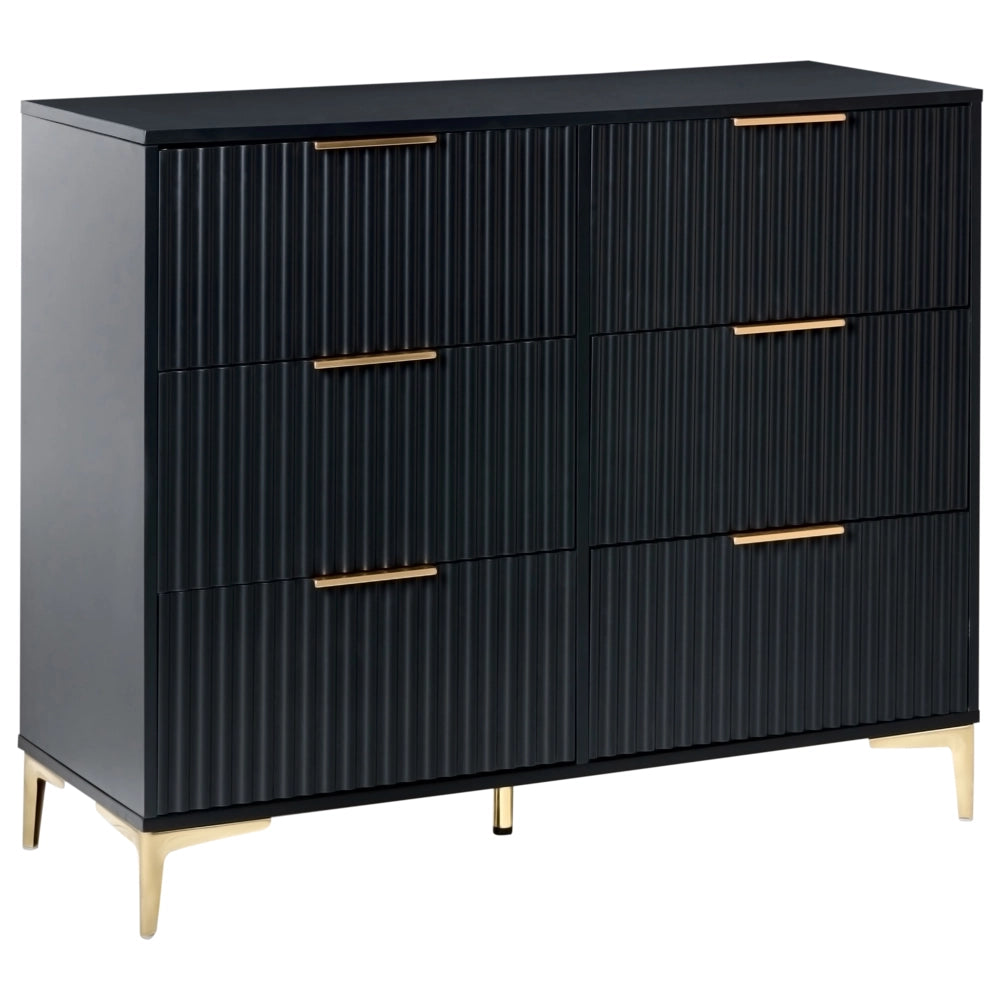 Cassettiera nero MDF 6 Cassetti Gambe in Metallo Maniglie Fronti Scanalati Design Moderno Camera da Letto Soggiorno