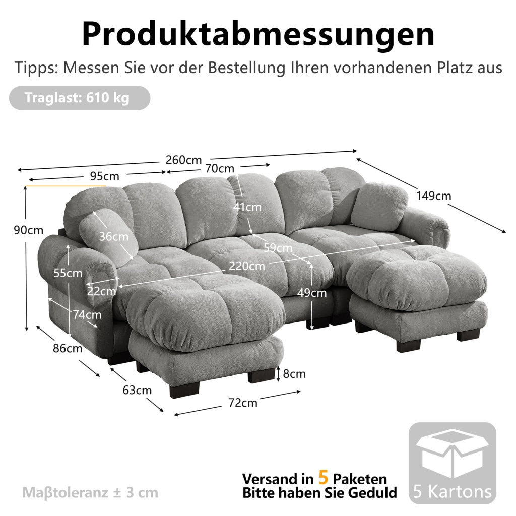 Divano modulare a U con pouf mobile e cuscini decorativi, seduta imbottita in ciniglia grigio chiaro 260 × 149 × 90 cm
