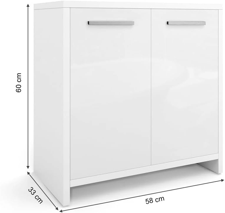 Mobile sottolavabo per bagno Kiko, Bianco lucido/bianco, 58 x 60 cm, con ritaglio per sifone e spazio di stoccaggio per l’organizzazione del bagno