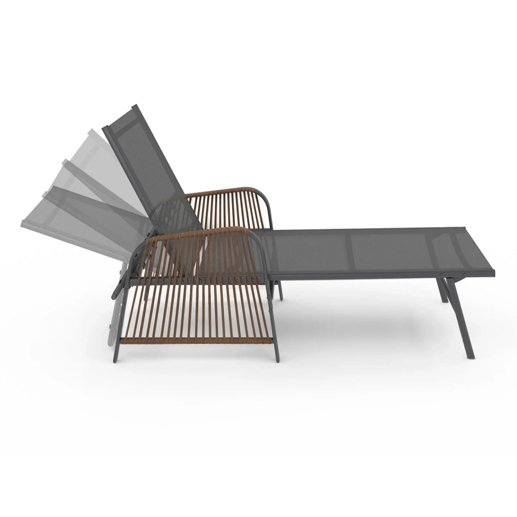 IDMarket - Set di 2 lettini da giardino reclinabili RIO in acciaio grigio antracite, corda in rattan con braccioli e tela grigia