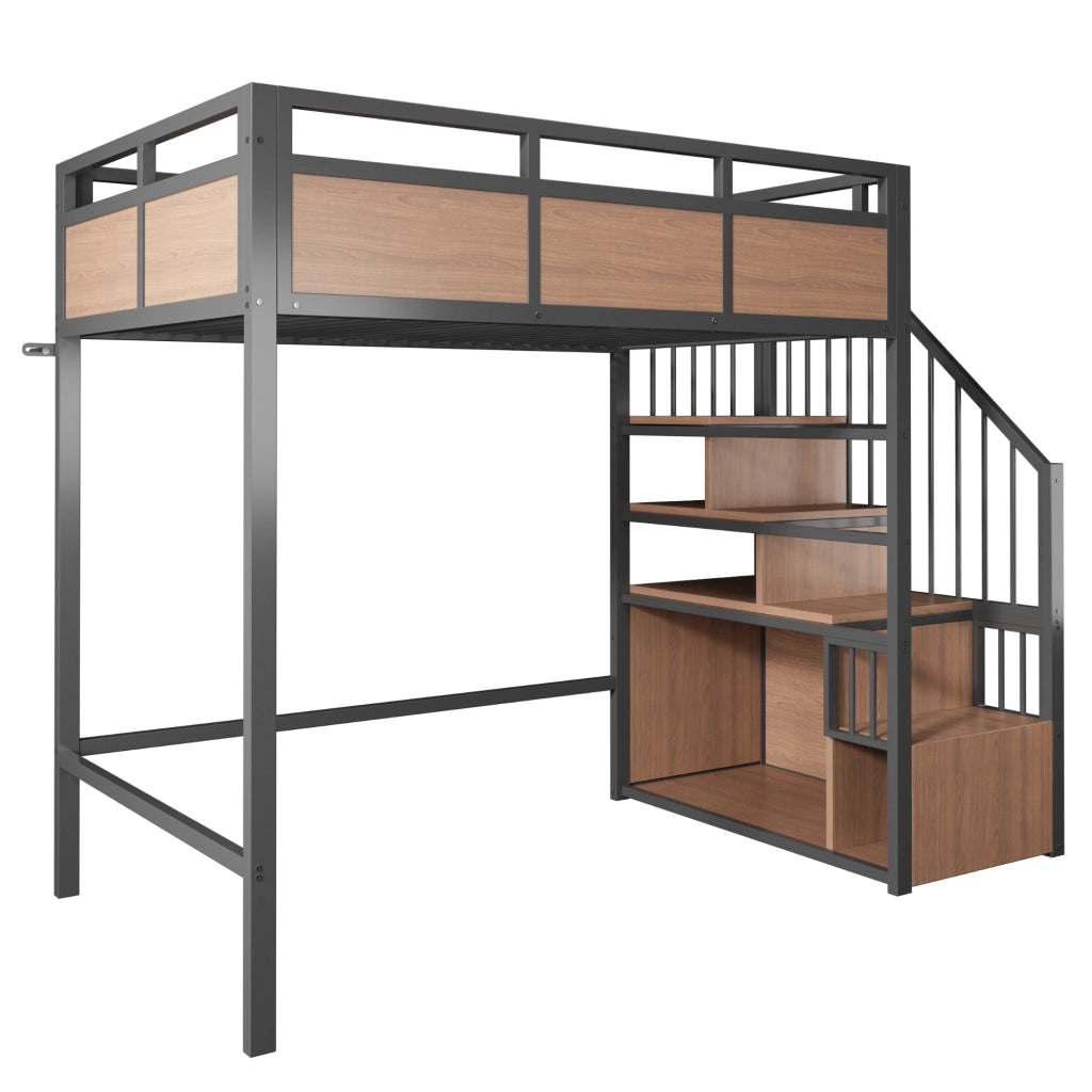 Letto a soppalco in metallo 90x200 cm con scala contenitore reversibile, LED e pannelli effetto legno, nero