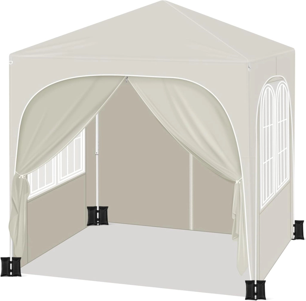 Gazebo da Giardino Richiudibile 2x2m con Pannelli Laterali,Gazebo da Esterno in Ferro Regolabile in Altezza Tendone con Soffitto Semicircolare Pieghevole,Set di 4 Sacchi di Sabbia,Beige