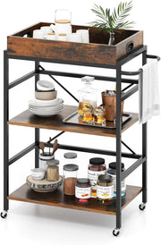 Carrello da cucina con vassoio estraibile e 4 ruote, carrello di servizio a 3 livelli con telaio in metallo, 73 x 40 x 94 cm, stile industriale, carrello ausiliario per cucina, sala da pranzo