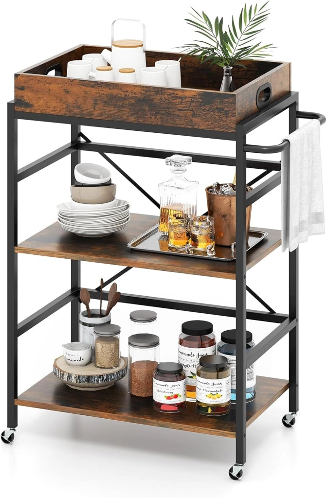 Carrello da cucina con vassoio estraibile e 4 ruote, carrello di servizio a 3 livelli con telaio in metallo, 73 x 40 x 94 cm, stile industriale, carrello ausiliario per cucina, sala da pranzo