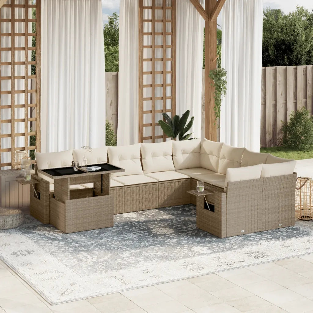 Set Divano da Giardino 10 pz con Cuscini Beige in Polyrattan