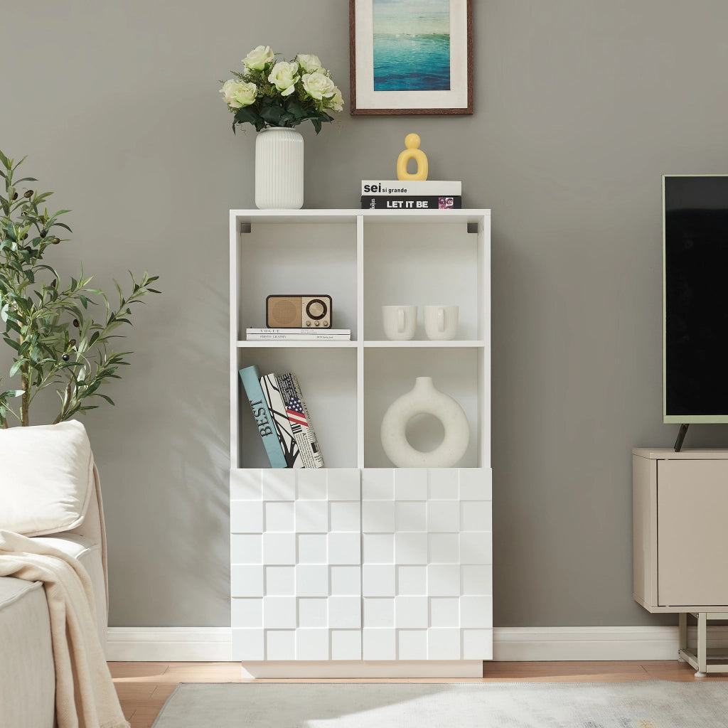 Armadio Comò Alto Bopibobro a 2 Ante Credenza con 4 Ripiani Aperti e 4 Vani Chiusi 118 x 64 x 30 cm - Bianco [en.casa]