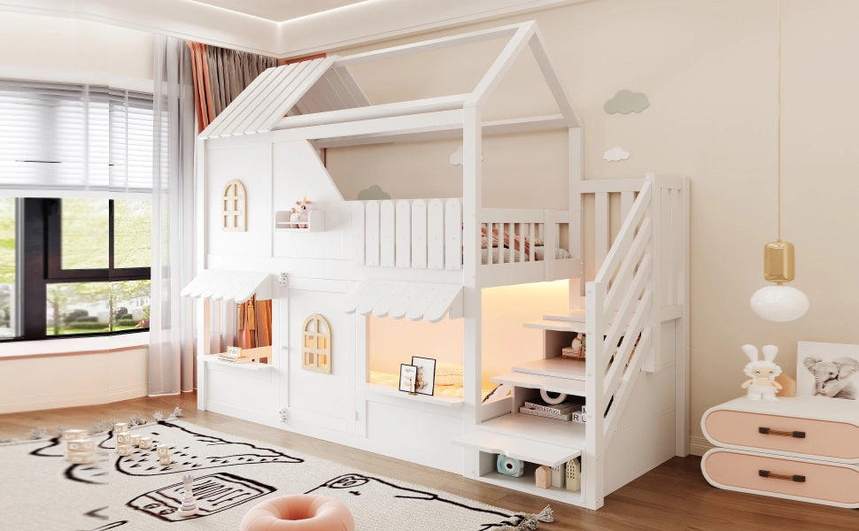Letto a castello per bambini a forma di casa con LED, 90x200 cm, bianco