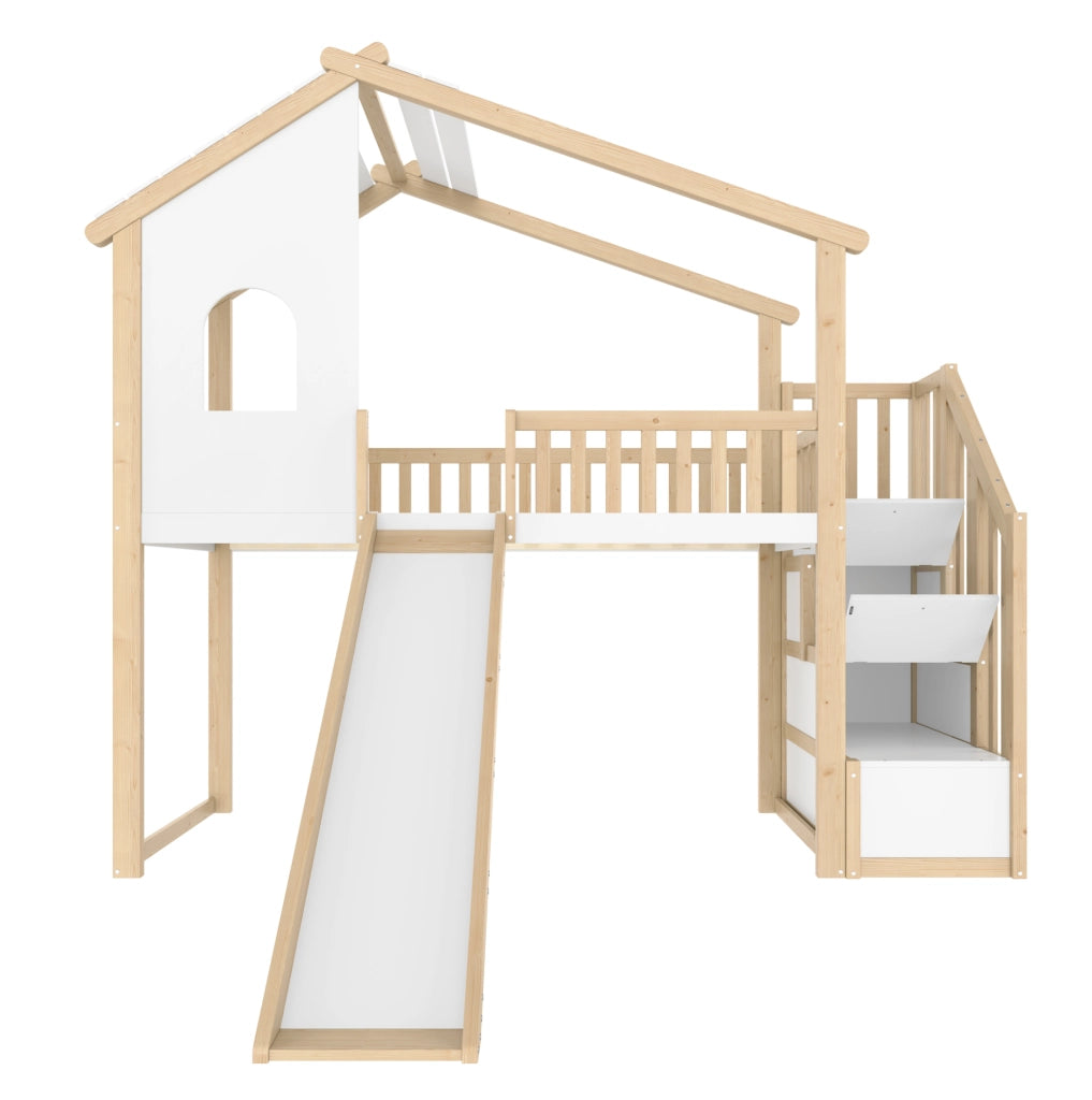 Letto a soppalco 90x200 cm con scivolo e scala contenitore in legno; naturale e bianco