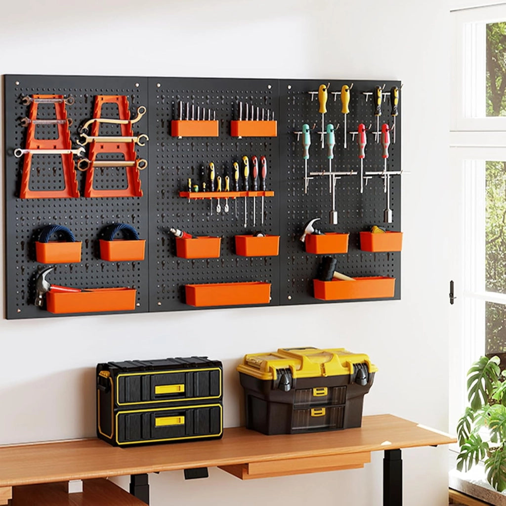 Pannello Porta Attrezzi da Parete 120 X 60 CM, 3 Pannelli Perforati in Metallo con kit di 29 Ganci, Stabile e Resistente, per Garage, Officina (Nero+Arancio, 120 X 60 X 2 CM)