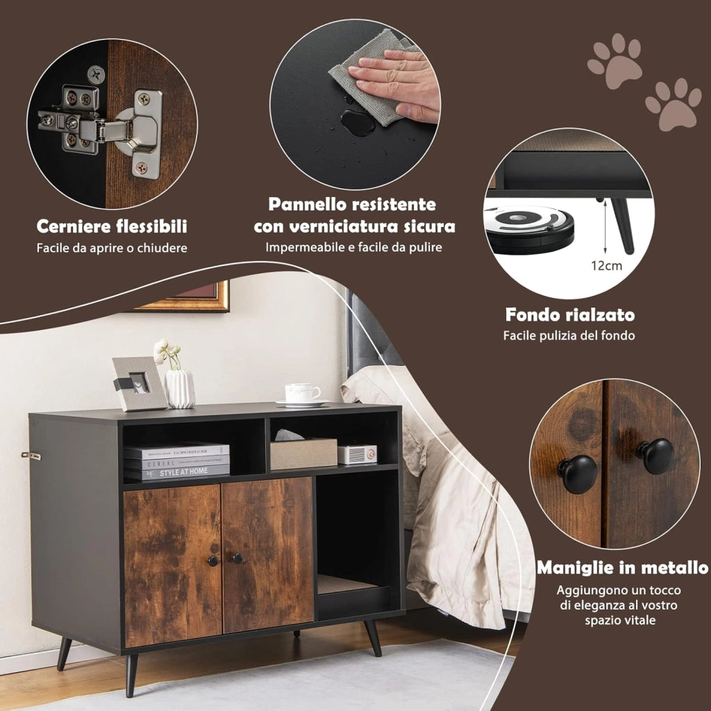 Mobile per Lettiera Gatti con Tira graffi, Gambe Inclinate in Metallo e 2 Ripiani per Riporre gli Oggetti, Casetta in Legno da Interno per Gattini e Gatti Grandi, 90 x 50 x 69 cm