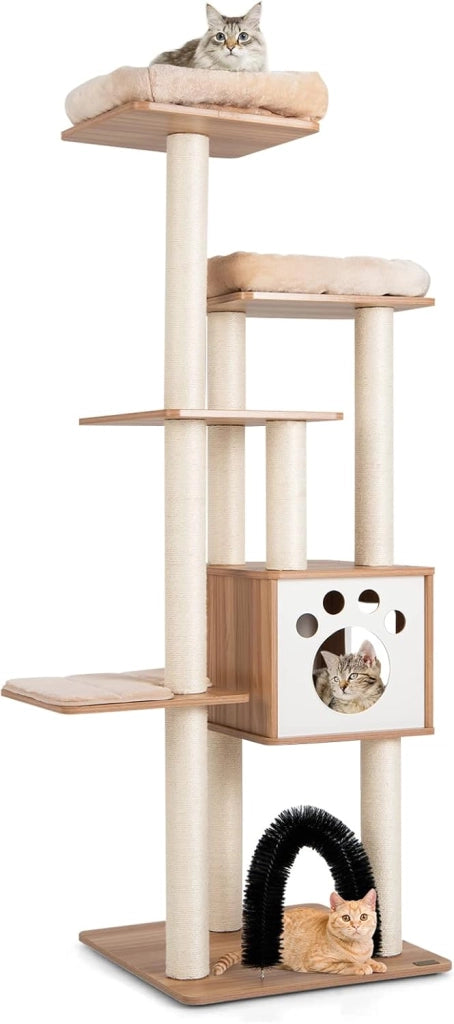 Albero Tiragraffi per Gatti 176 cm, Tiragraffi per Gatti con 2 Trespoli in Tessuto Felpato, Arco Massaggiante, Cuccia, Pali in Sisal e Tapettini Lavabili, Torre per Animali Domestici (Grigio)