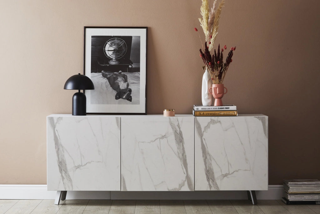 Buffet 3 ante VELBRUK bianco pietra/marmo calacatta