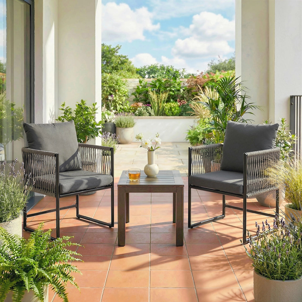 Set di 2 sedie da giardino in acciaio PE e rattan con cuscini; braccioli; 52x52x66 cm; Grigio scuro