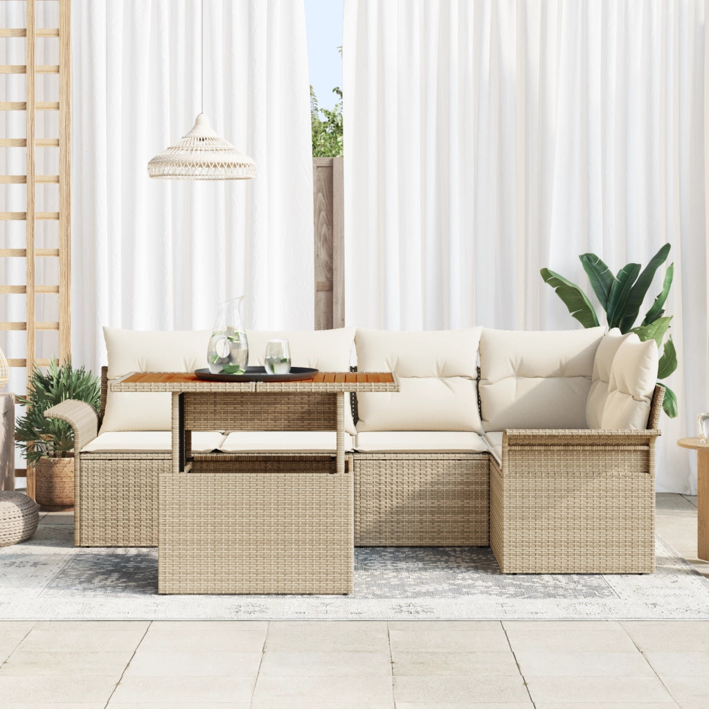 Set Divano da Giardino 6 Pezzi con Cuscini Beige in Polyrattan