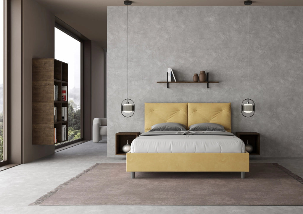 Letto Matrimoniale 160x190 cm con Rete e Contenitore Giroletto con Alzata Comoda Imbottito in Microfibra Appia Ocra