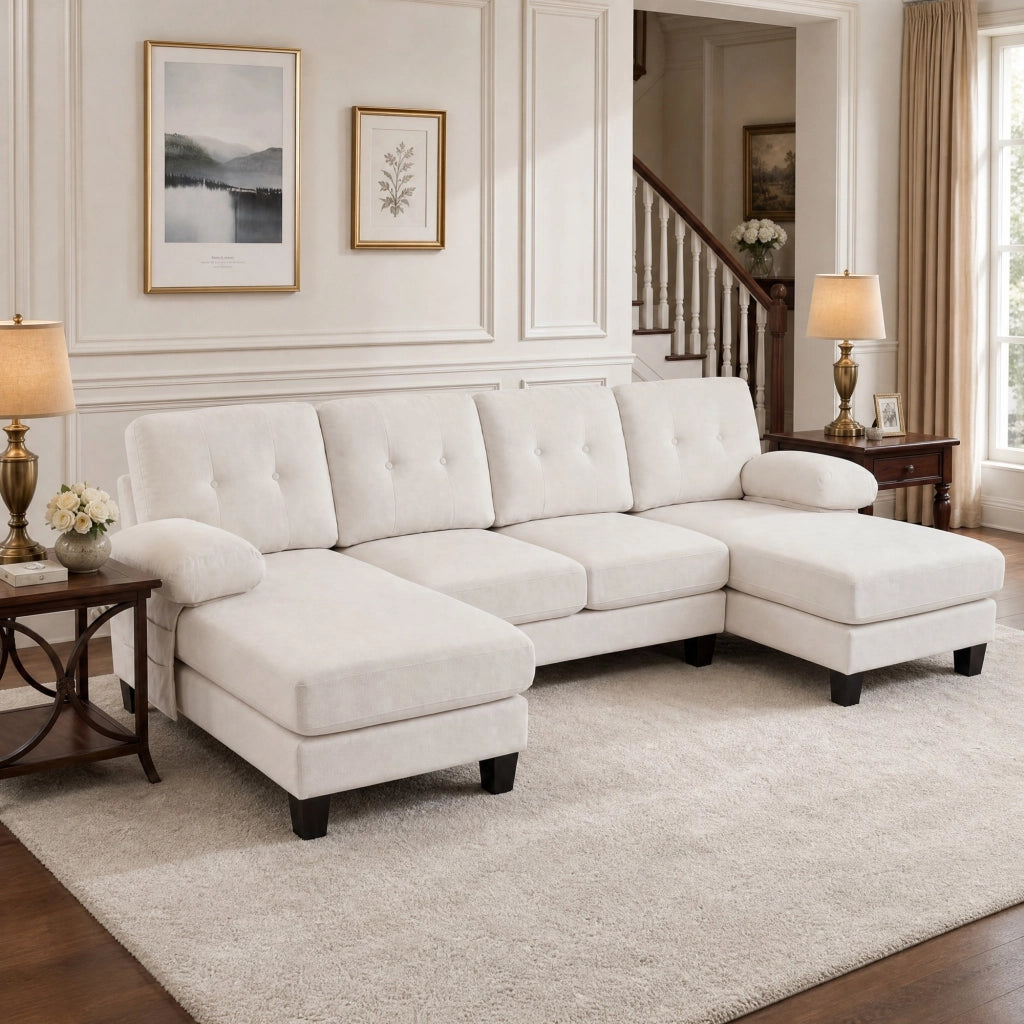 Divano angolare 4 posti con chaise longue e braccioli rimovibili; in chenille beige
