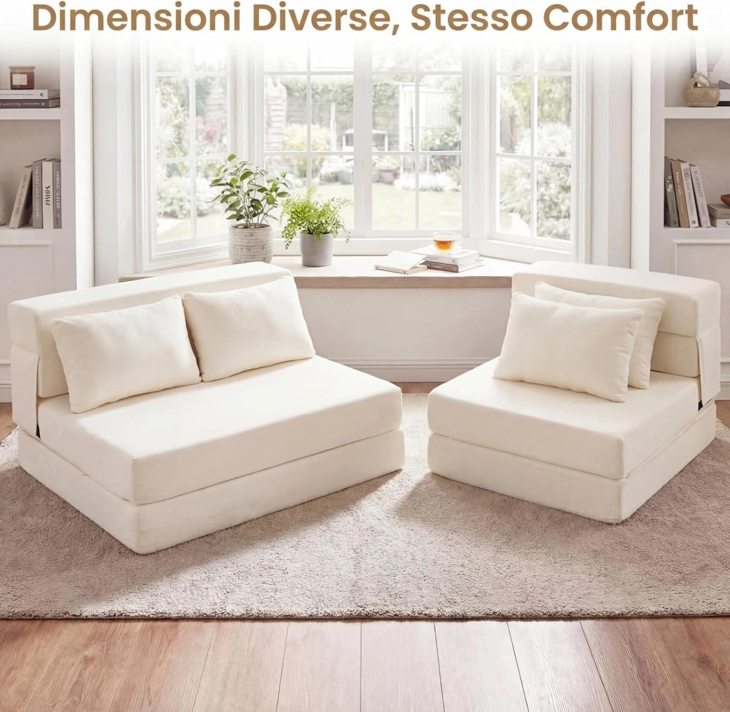 3 in 1 Divano Letto Pieghevole, Poltrona Letto Convertibile con 2 Cuscini, Divano a 2 Posti in Tessuto Chenille, per Soggiorno Camera da Letto Ufficio (Beige,L)