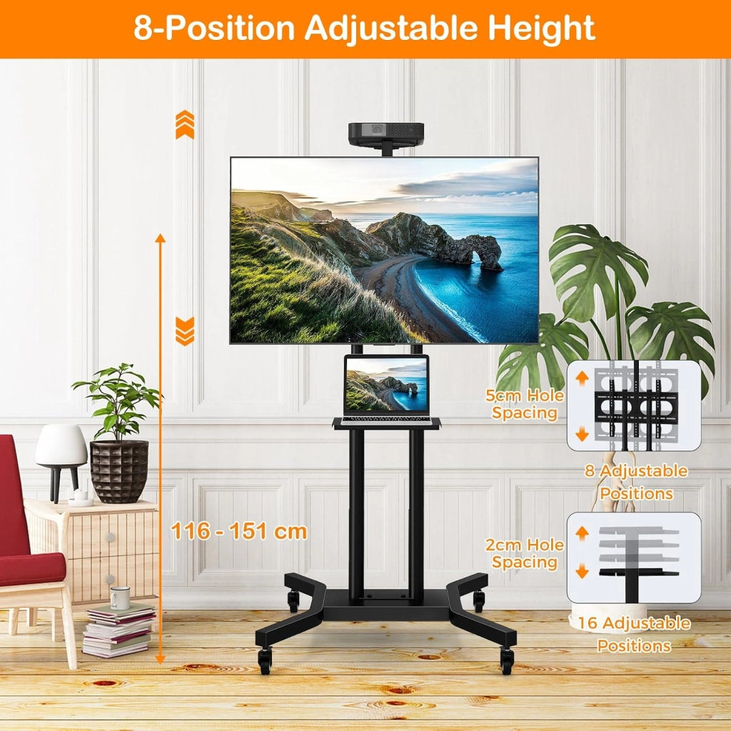Supporto TV da Pavimento per TV LCD LED da 32-70 Pollici, Supporto TV Regolabile in Altezza a 8 Livelli, Carico 50 KG, VESA Max 600 X 400 MM, con Ripiano per TV Piatto/Incurvi, per Casa, Ufficio