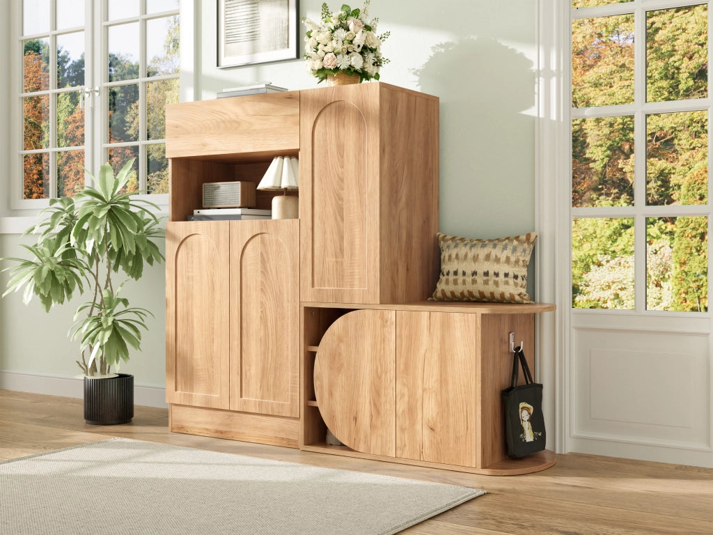 Mobile scarpiera con panca, 1 cassetto, 5 ante e vano aperto per ingresso, in MDF, naturale, 130 × 35 × 110,5 cm
