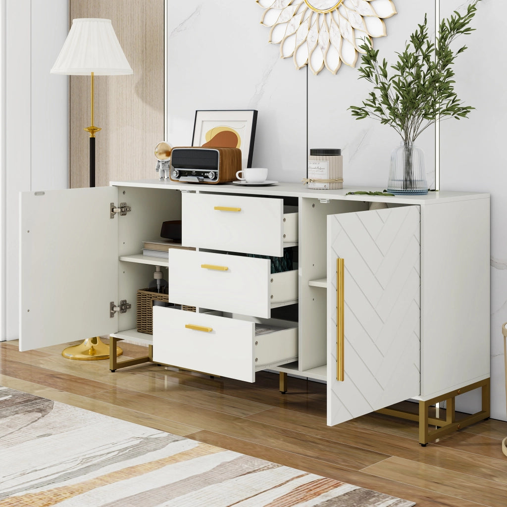 Credenza con 2 ante; 3 cassetti e ripiani regolabili per soggiorno in MDF e PB 145×40×75 cm bianco
