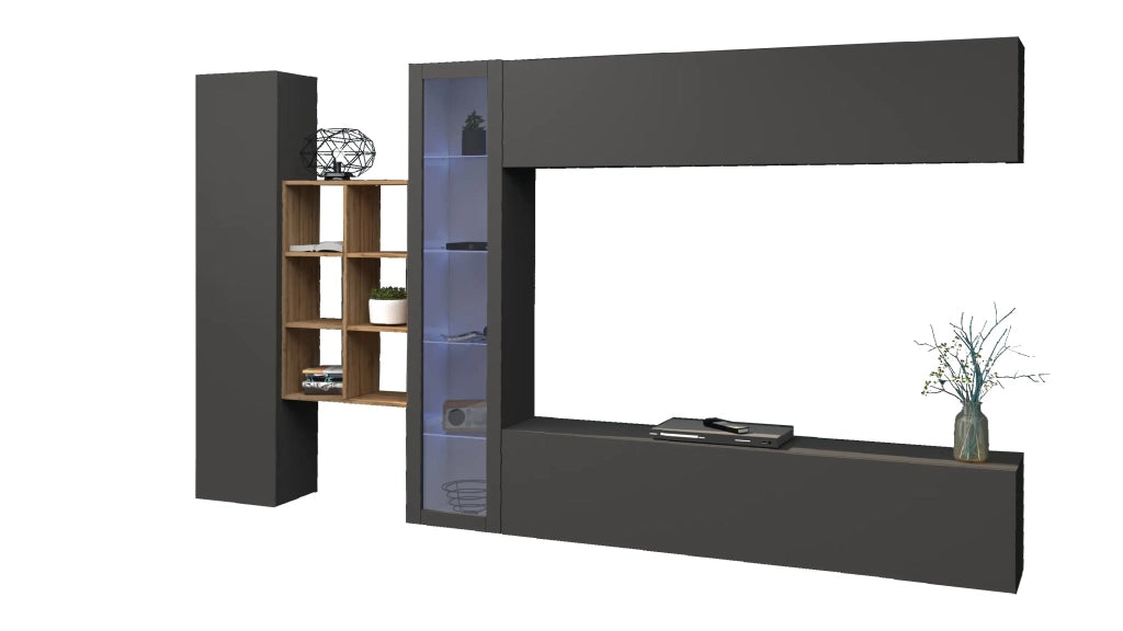Parete attrezzata antracite moderna libreria mobile TV sospeso vetrina Loane RT