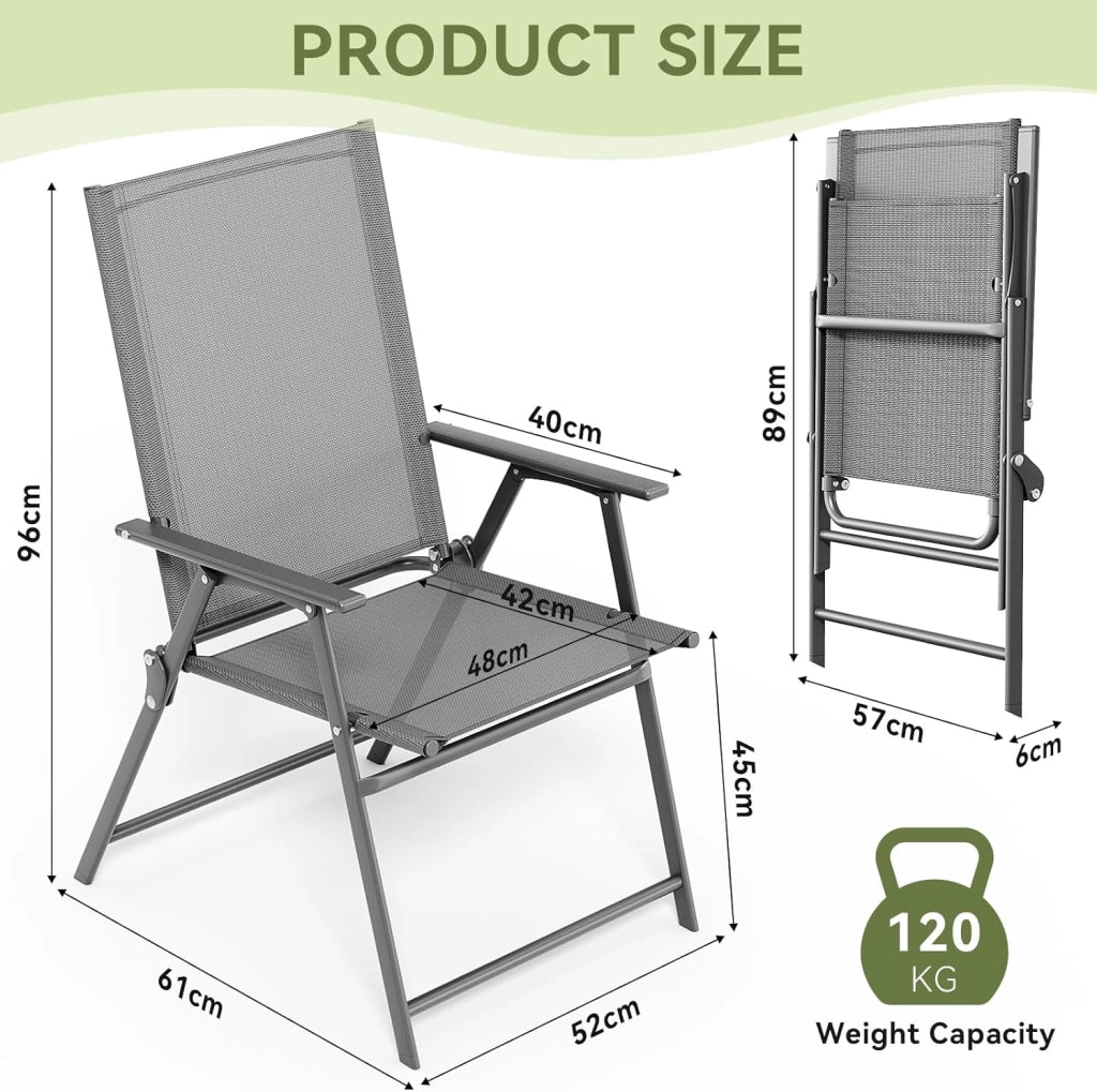 Set di 4 Sedie da Giardino Pieghevoli, Sedie da Campeggio con Schienale e Braccioli, Struttura in Metallo, Portata 121kg, Sedia Pieghevole Leggera per Balcone, Terrazza, Grigio Scuro