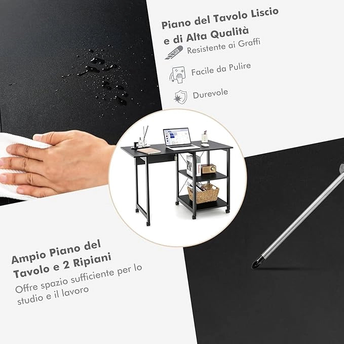 Scrivania Pieghevole per Computer, Scrivania Moderna con 2 Mensole, Postazione di Lavoro per PC con 6 Ruote, Scrivania Compatta Salva Spazio per Casa Ufficio, Marrone (Nero)