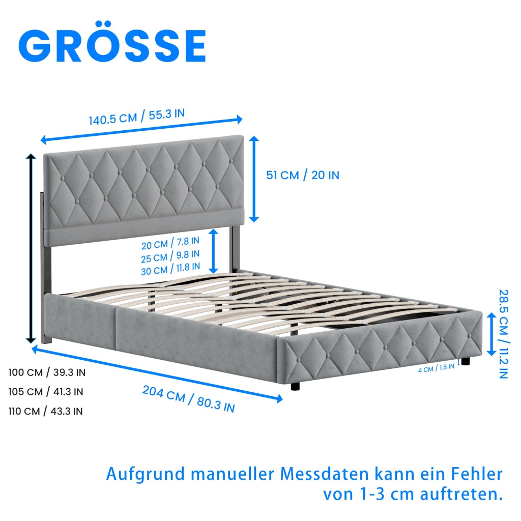 LETTO Imbottito 140x200 cm Velluto Grigio