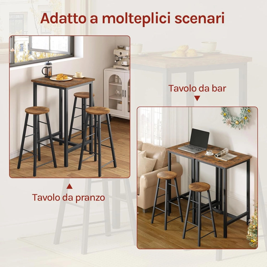 Set Mobili da Bar Tavolo con 2 Sgabelli Alti Arredo per Cucina in Acciaio Legno, Tavolo Cucina 60 x 60 x 100 cm, Marrone rustico + Nero