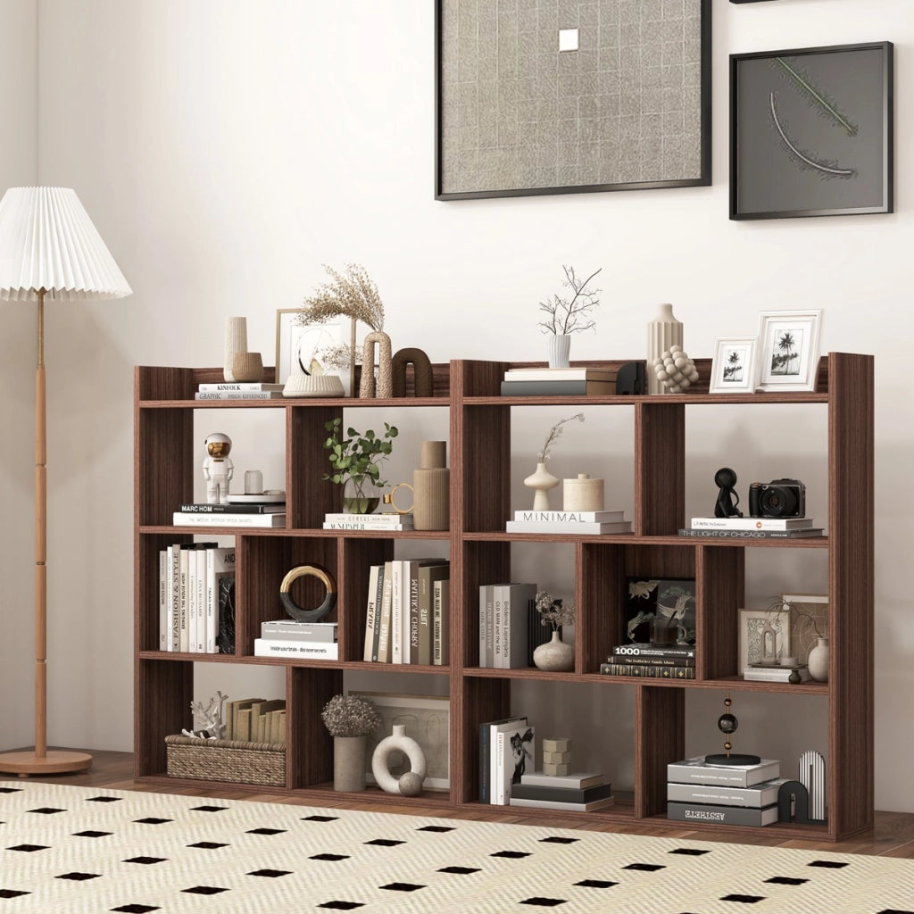 Libreria a cubi aperti con 7 scomparti, Mensola espositiva per l'archiviazione in legno per studio soggiorno Noce-Librerie