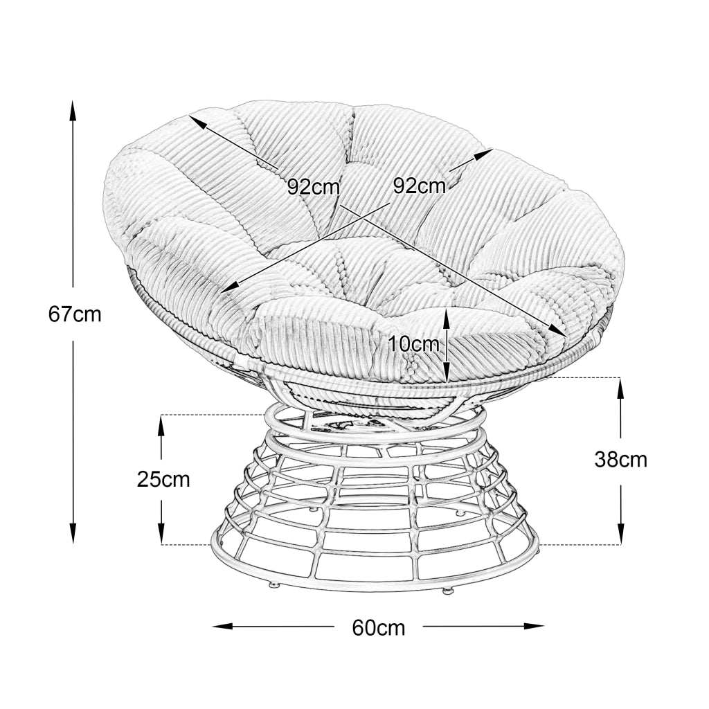 Poltrona Papasan Girevole 360 con Cuscino Imbottito; Design Ergonomico per Soggiorno o Camera; Acciaio Marrone Verde Chiaro