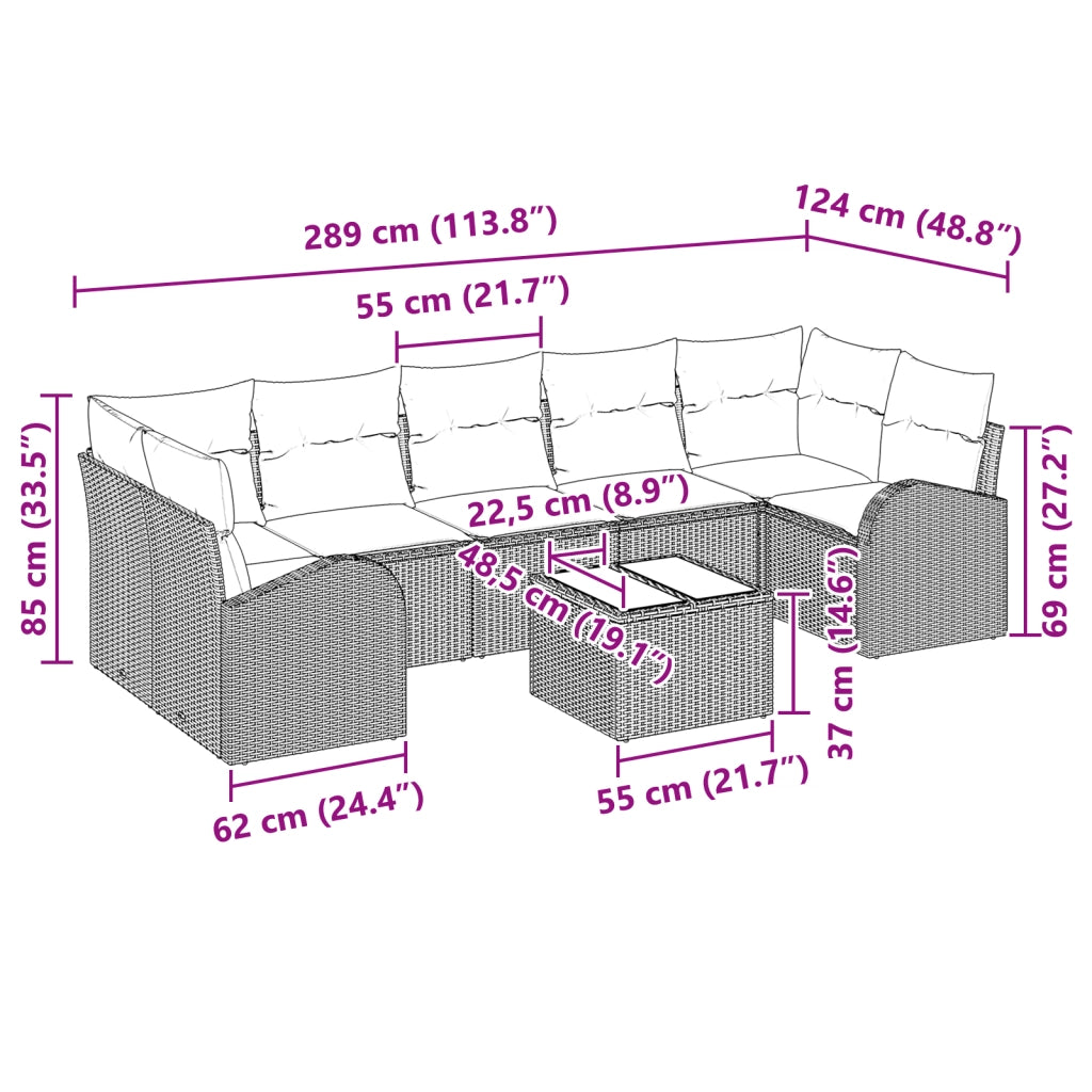 Set divani giardino  da 8 pezzi con cuscini Rattan sintetico marrone
