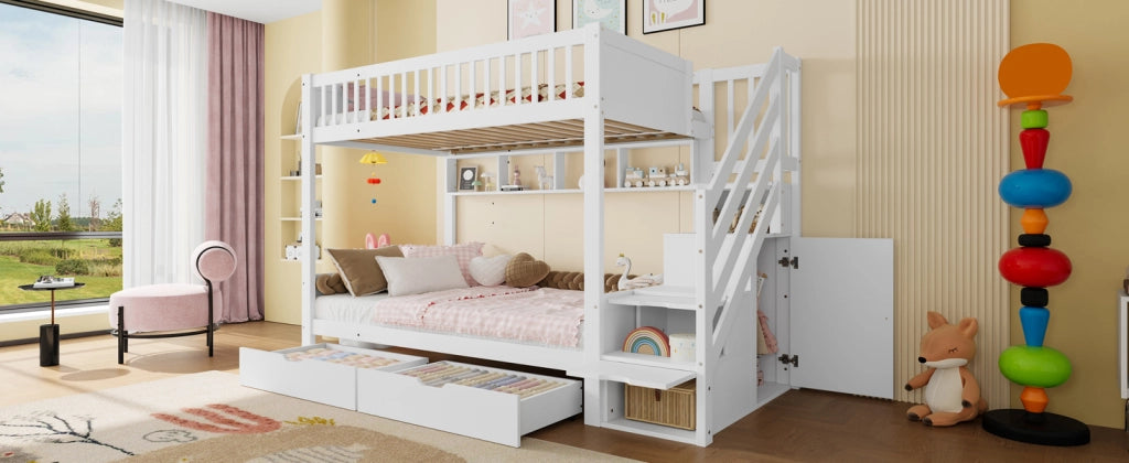 LETTO a castello 90x200 cm Bianco con armadio, cassetti e scaffali