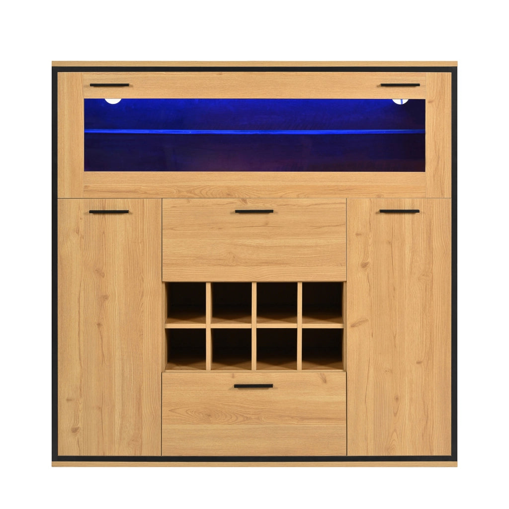 Mobile bar 2 ante e 2 livelli con portabottiglie e luce LED, per soggiorno e sala da pranzo, naturale, 110 x 38 x 111 cm