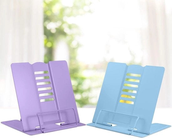 Supporto da lettura per libri con 6 livelli, regolabile e pieghevole in metallo per tablet e libri per bambini e adulti - Viola chiaro e blu chiaro - Cucina, studio, ufficio, scuola