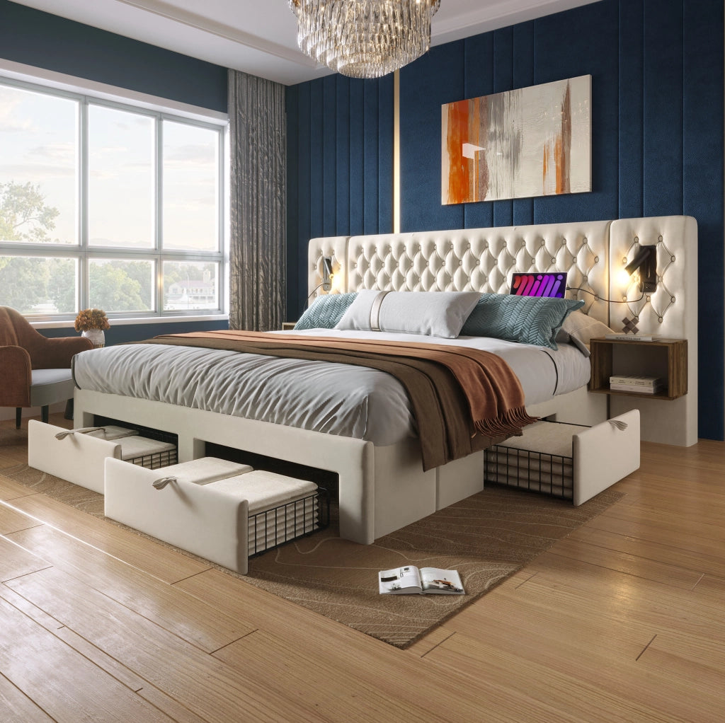 Letto matrimoniale 180x200 cm in velluto beige con 2 comodini; 4 cassetti; luci lettura e ricarica USB Type C